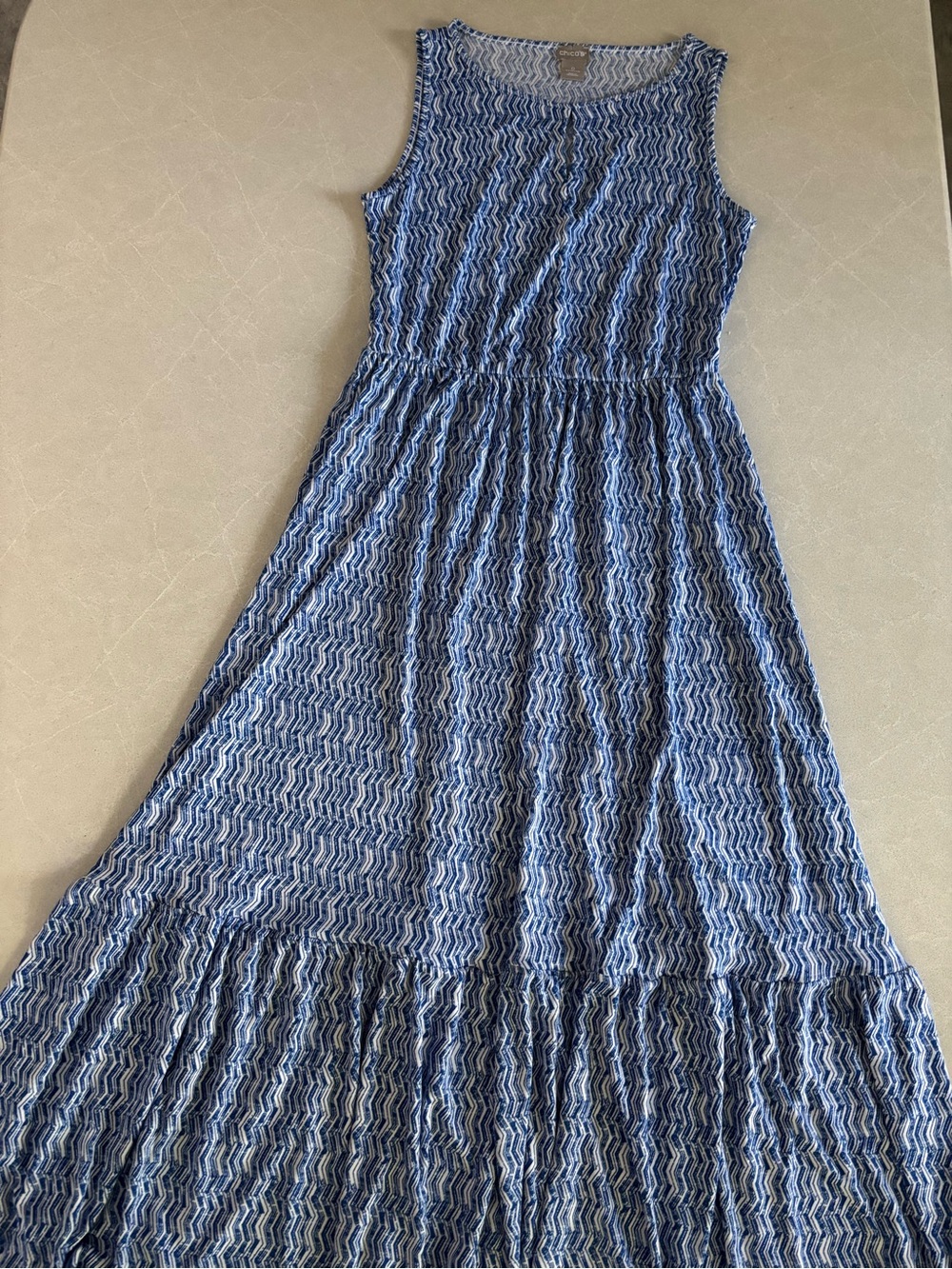 NWT Chico's Blue White Chevron Keyhole Tiered Maxi Dress 0 Small 4/6 Resortwear